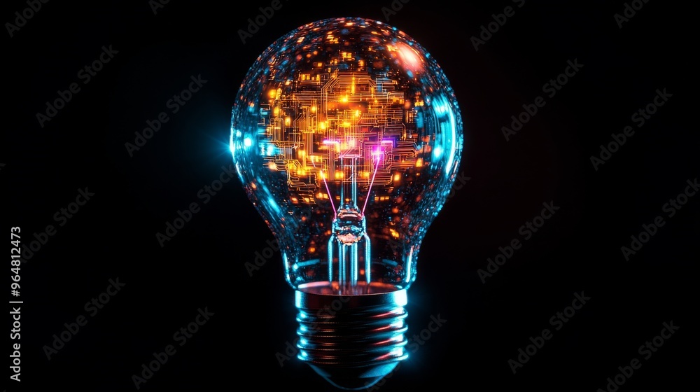 Aufkleber illuminated lightbulb with digital circuitry, innovation concept