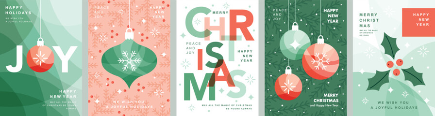Christmas Minimalist card set - abstract Holidays flyers. Lettering with Christmas and New Year decorative elements. Vector illustration.