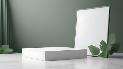 minimalist rendering product presentation podium features square frame white gray tones green leaves rocky background