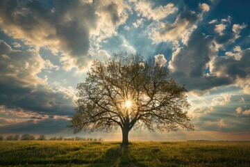 Obraz premium A large tree is silhouetted against a beautifully lit sky at sunset, with sunlight filtering through its branches, illuminating the surrounding grassy field.