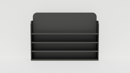 Empty displays with shelves products mock up on white background isolated. Product display stand illustration. Cardboard floor display rack for supermarket. Superstore shelf mock up.