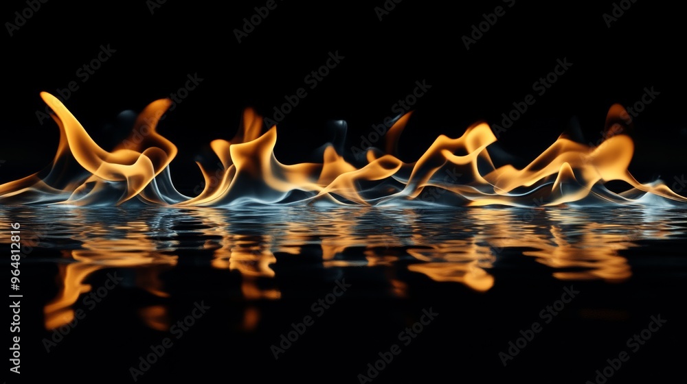 Wall mural Flames reflected on water surface, dark background. Abstract fire and water concept