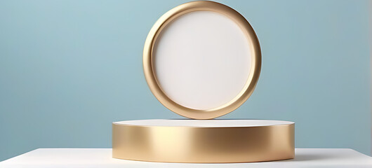 modern illustration pastel blue backdrop white podium gold frame product showcase minimalist design geometric shapes soft colors rendering mockup