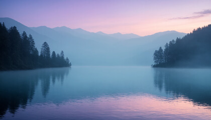 Fototapeta premium Misty Sunset Over Tranquil Lake