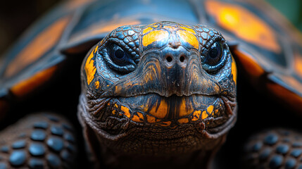 Detailed close-up of colorful tortoise face, intricate shell markings, curious reptile in natural environment, wildlife photography, vibrant colors, slow-moving turtle, unique patterns.