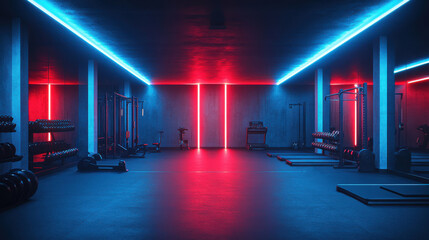 Modern empty gym with neon blue and red lights, weightlifting equipment, futuristic interior, clean concrete floor, high-tech workout room, industrial fitness center, workout machines
