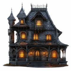 A mysterious, enchanting Victorian mansion with glowing windows, perfect for Halloween or gothic-themed imagery.