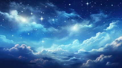 Enchanting Starry Night Sky with Glistening Stars and Soft, Fluffy Clouds Over Tranquil Horizon