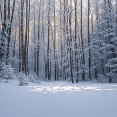 Fototapeta premium Winter forest landscape with bare trees covered in snow, cold frozen woods illustration