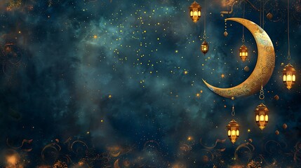 Golden Crescent Moon and Lanterns in a Night Sky