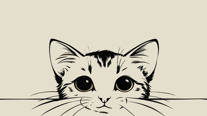 Obraz premium Minimalist Cat Illustration Peeking Over Edge, Black and White Design with Copy Space