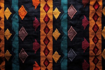 Vibrant textile pattern showcasing colorful diamonds on a dark background, perfect for design and decor projects.
