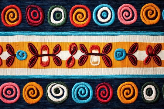 Vibrant textile design featuring colorful spirals and floral patterns on a dark background, showcasing traditional craftsmanship. - Powered by Adobe