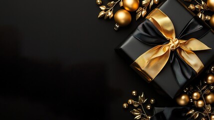 Black gift box with gold ribbon and ornaments on a black background. Gift boxes and boxing Day Concept.