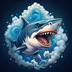 Naklejka premium Vibrant shark illustration with swirling waves for vape shop promotion. Generative AI