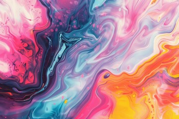 An abstract artwork features vibrant swirls of pink, blue, and yellow, showcasing the fluid art technique that highlights movement and color blending.