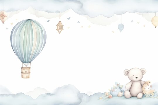 Fototapeta Cute watercolor border for childish textiles or fabrics with flying stork holding newborn, bear and bunny on balloon in clouds on white background 