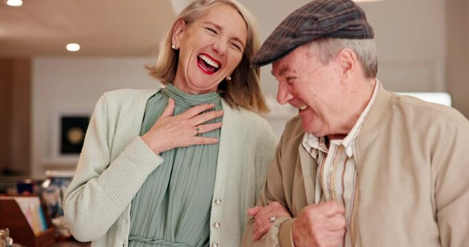 Senior, couple and people in cafe with laughing for cookie choice, muffin breakfast and option. Elderly, customer and pointing in diner for morning caffeine, bonding or fun conversation on lunch date