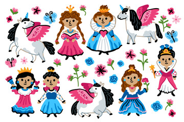 Set of Young Magic princesses girls and unicorns. Bright color vector illustration isolated on a white background