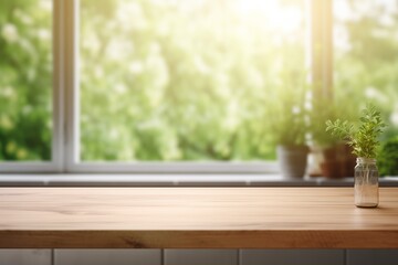 Fototapeta premium Free space table top background on blurred kitchen window interior 