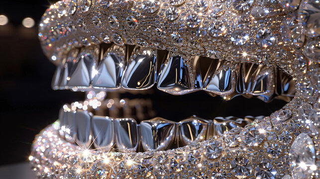 closeup of silver teeth and diamond studs