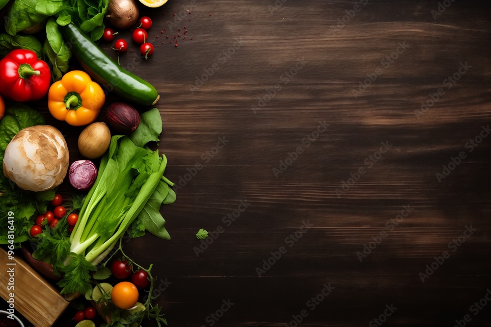 Wall mural Fresh healthy food cooking or salad making ingredients on dark background with rustic wooden board. Diet or vegetarian food concept. Top view, copy space 