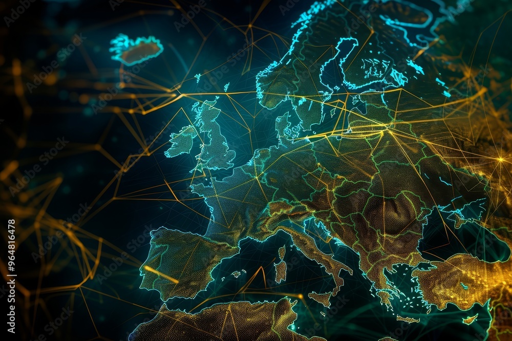 Poster a digital representation showcases the intricate web of connections throughout europe, emphasizing t