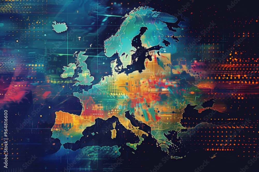 Aufkleber a vibrant digital map of europe highlights technological data and colorful patterns, set against a c
