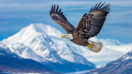 A bald eagle gracefully flies above snow-capped mountains under a bright blue sky, showcasing its magnificent wingspan