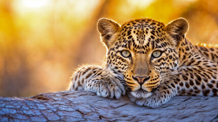 A leopard relaxes on a tree branch during sunset in a savannah landscape, showcasing its striking spotted fur and piercing gaze