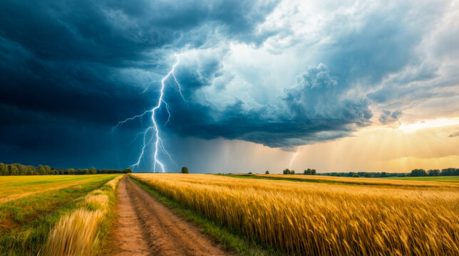 A powerful thunderstorm unleashes lightning above a golden wheat field as dark clouds roll in at dusk
