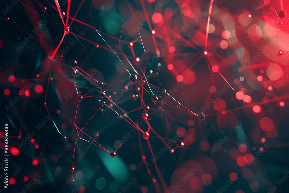 Poster glowing threads intertwine in a vibrant display of red and turquoise, illustrating a digital network