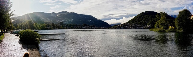 Fototapeta premium Panoramic picture of Ponte Tresa on Lake Lugano.