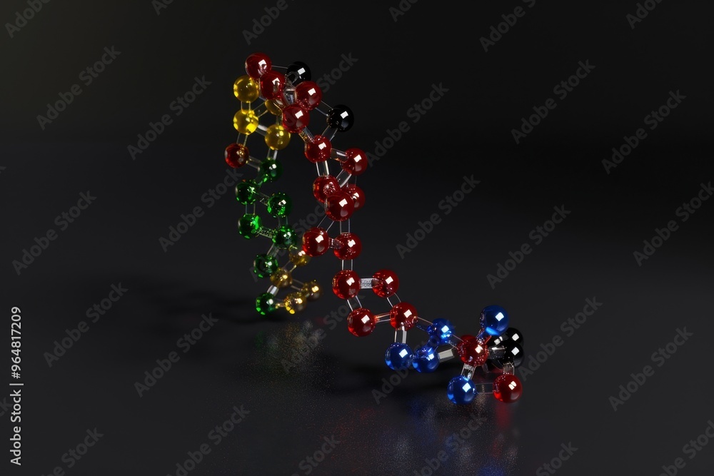 Poster a vibrant model illustrating molecular structure features colorful spheres representing atoms, showc