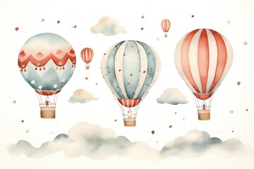 Hand drawn watercolor illustration - hot air balloons in the sky. Collection with retro airship....