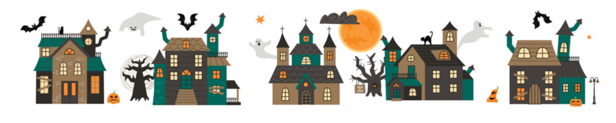 Cartoon collection of Halloween village isolated on white background.Haunted houses and castle,black cats,ghosts,scary trees,moon,bats,pumpkins.Vector designs set for card,banner,stickers,invitation.