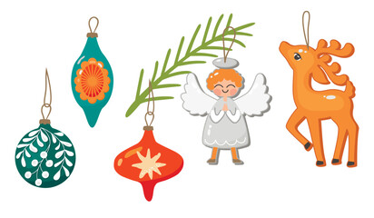 Cartoon collection of Christmas tree decorations isolated on white.Bubbles with ornament, girl angel and deer.Glass balls and cute characters.Vector designs set for use in card,banner,invitation.