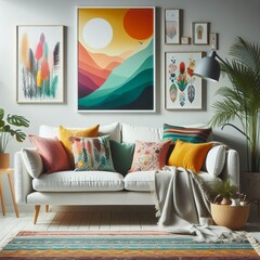 Scandinavian interior design of modern living room, home. Colorful vibrant pillows on white sofa against wall with art poster frame.