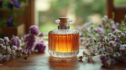 Glass bottle of Lavender essential oil on wood table and flowers field. Lavendula oleum