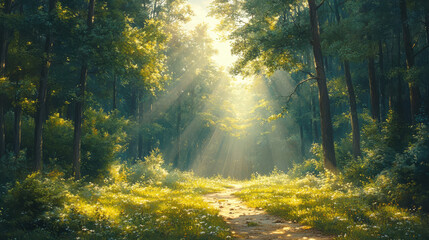 Obraz premium Sunlight breaking through dense trees, creating a golden glow along a forest path. Tranquil woodland scene, serene and quiet nature, peaceful atmosphere, early morning light