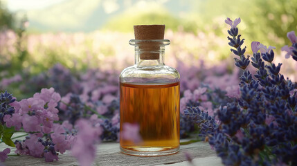 Glass bottle of Lavender essential oil on wood table and flowers field. Lavendula oleum