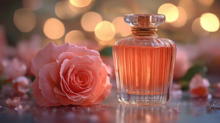 Rose water or oil bottles on wooden background. Beautiful pink flowers and petals, aromatherapy and SPA salon concept