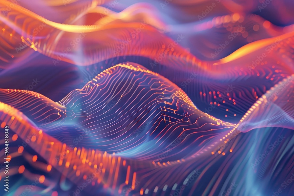 Poster colorful waves undulate with dynamic lines in a digital landscape illuminated by bright hues, creati