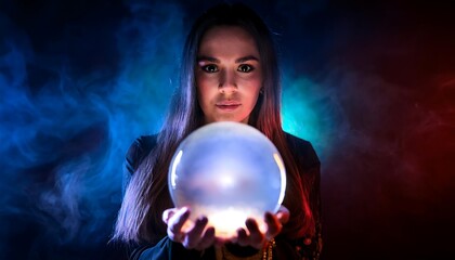 Naklejka premium Mystic young Woman Holding Illuminated Crystal Ball at Night with Intense Gaze,