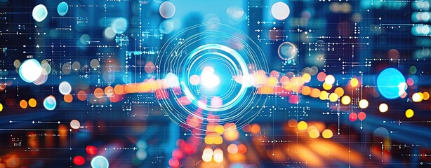 tech circle with blurred city lights at night, futuristic cityscape with abstract tech integration, smart city concept,