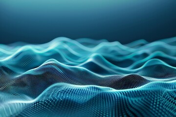 Digital waves create an abstract representation of sound on a blue background, showcasing intricate patterns and textures that resemble fluid movement and depth.