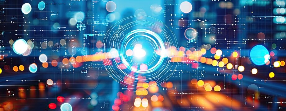 tech circle with blurred city lights at night, futuristic cityscape with abstract tech integration, smart city concept,