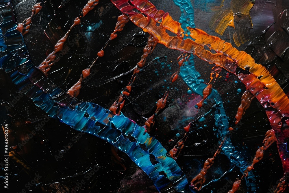 Poster vibrant paint stretches across a dark background, forming colorful strands that mimic dna, with drip