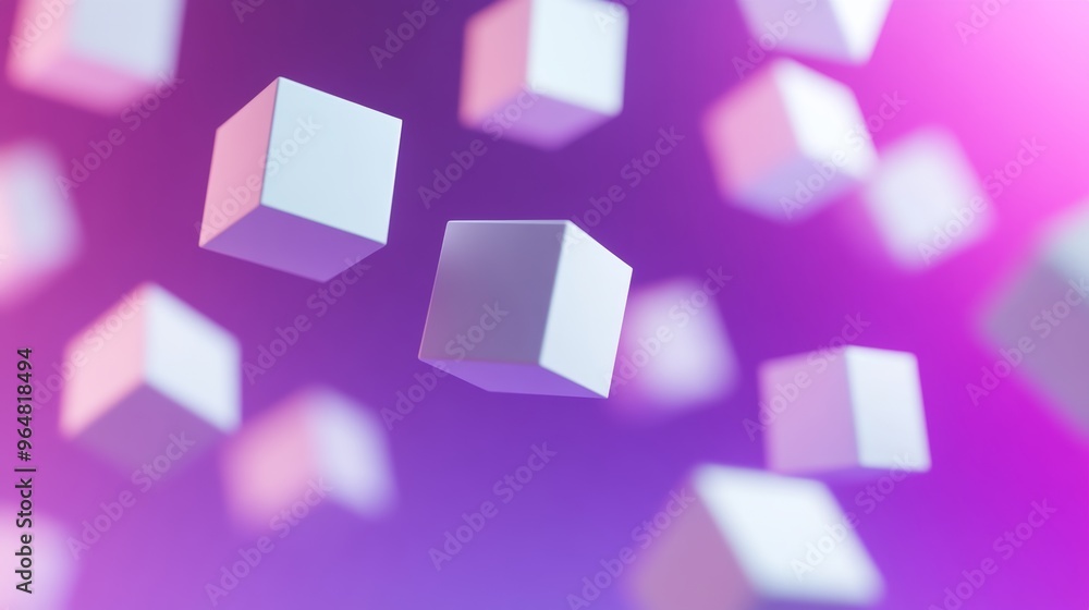Poster white cubes floating against a purple gradient background