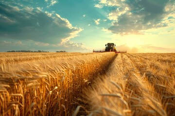 Farmers harvesting crops in golden fields. AI generated image